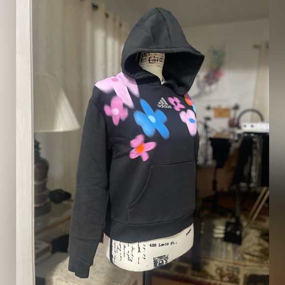 NWT Girl’s Size 14 Adidas Aura Flower Print Pullover Hoodie In Black/Multicolors - Picture 6 of 12
